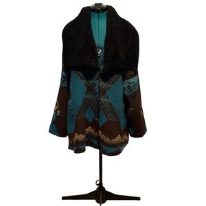 Vintage Rhonda‎ Stark Aztec Southwestern Blanket Coat Jacket Wool Blend Boho